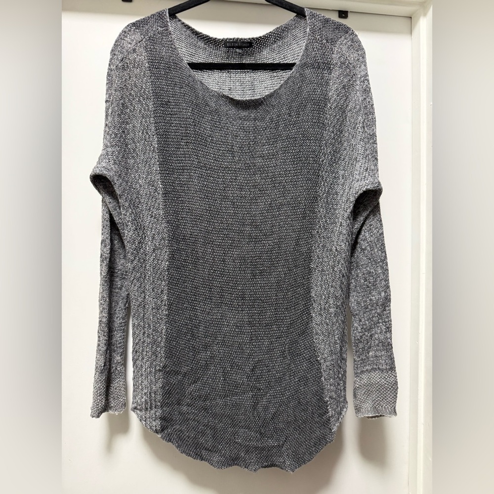 Eileen Fisher Charcoal Grey Open Knit Sweater 100% LINEN Women's Size S